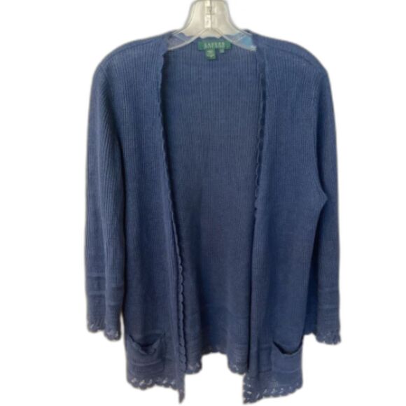 LAUREN RALPH LAUREN SIZE LARGE BLUE LINEN OPEN CARDIGAN SWEATER WITH POCKETS - Picture 1 of 7